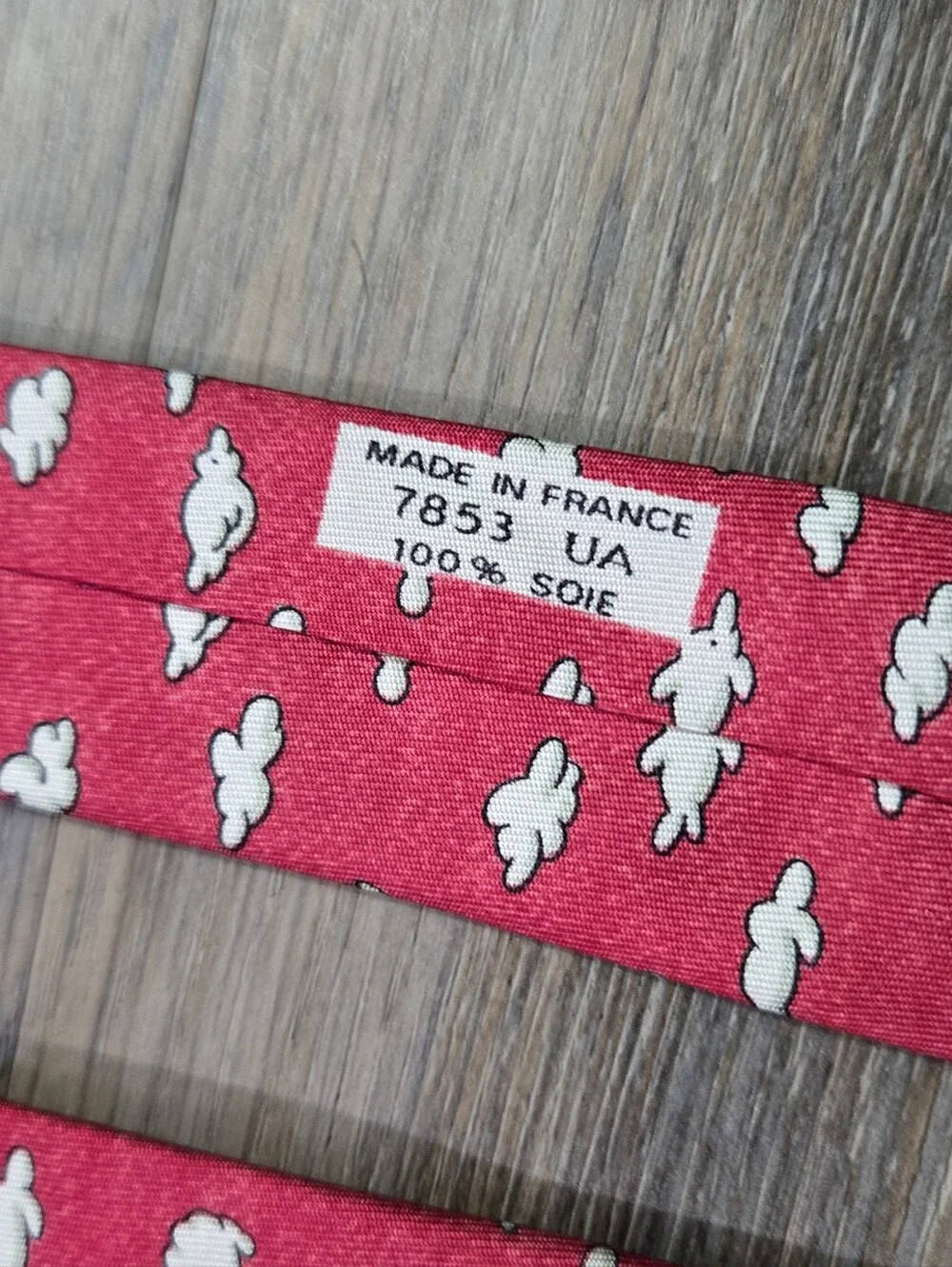 Vintage Hermes Paris Red Silk Necktie Cloud Bunny Rabbit Pattern France 7853 UA